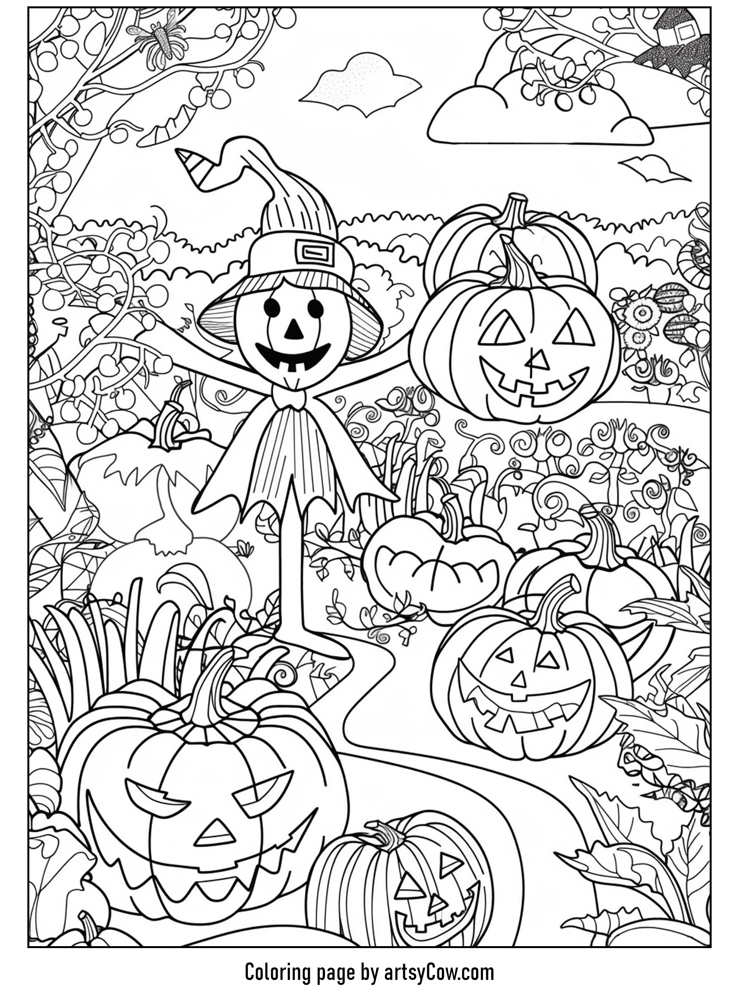 Pumpkin patch and scarecrow sketch